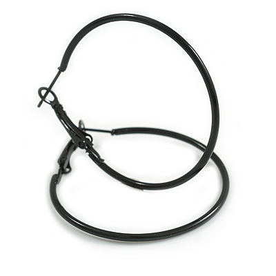 Black Enamel Slim Hoop Earrings/ Medium Size/ 40mm D