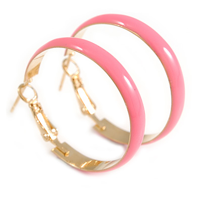 30mm D/ Wide Light Pink Enamel Hoop Earrings In Gold Tone/ Small Size