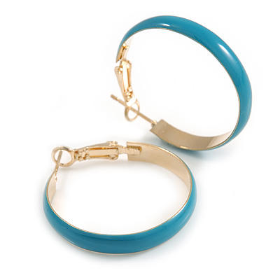 30mm D/ Wide Light Blue Enamel Hoop Earrings In Gold Tone/ Small Size