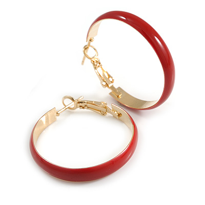 30mm D/ Wide Red Enamel Hoop Earrings In Gold Tone/ Small Size