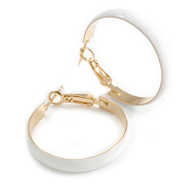 30mm D/ Wide White Enamel Hoop Earrings In Gold Tone/ Small Size