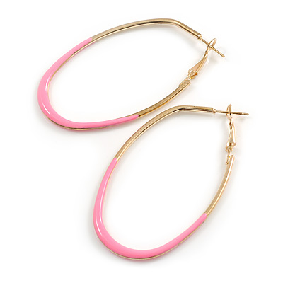 60mm Tall/ Gold Tone with Pink Enamel Oval Hoop Earrings/ Large Size