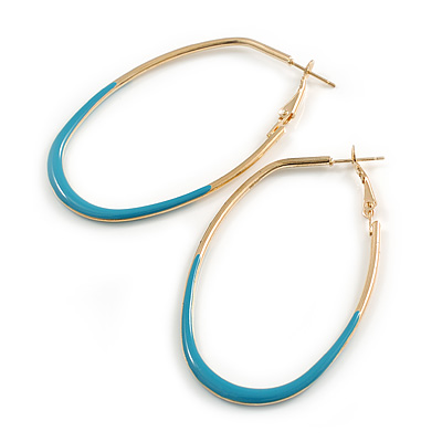 60mm Tall/ Gold Tone with Teal Enamel Oval Hoop Earrings/ Large Size