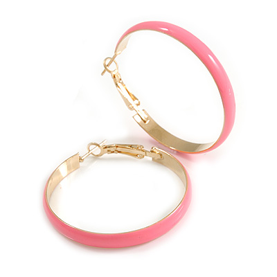 40mm D/ Wide Pink Enamel Hoop Earrings In Gold Tone/ Medium Size