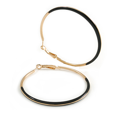 60mm Diameter/ Gold Tone with Black Enamel Hoop Earrings/ Large Size