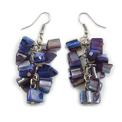 Dark Blue/Purple Shell Composite Cluster Dangle Earrings in Silver Tone - 60mm L