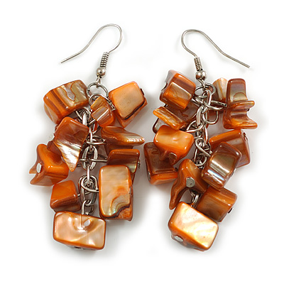 Brick Orange Shell Composite Cluster Dangle Earrings in Silver Tone - 60mm L