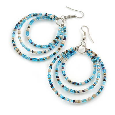 Triple Hoop Glass Bead Earrings Light Blue/Cream/Peacock - 75mm Long - main view