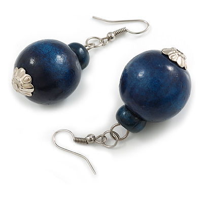 Dark Blue Double Wood Bead Drop Earrings - 55mm Long - main view