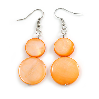 Double Bead Shell Drop Earrings In Silver Tone/ Orange - 55mm Long