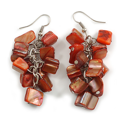 Brick Red Shell Composite Cluster Dangle Earrings in Silver Tone - 60mm L