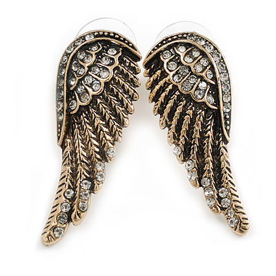 Vintage Inspired Clear Crystal Angel Wings Stud Earrings In Aged Gold Metal/38mm Across