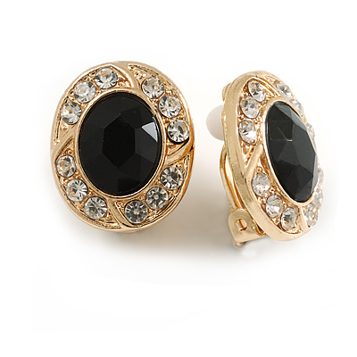 Black/Clear Crystal Oval Clip On Earrings In Gold Tone - 18mm Tall - main view