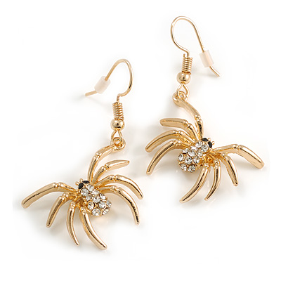 Crystal Spider Drop Earrings in Gold Tone - 45mm Long