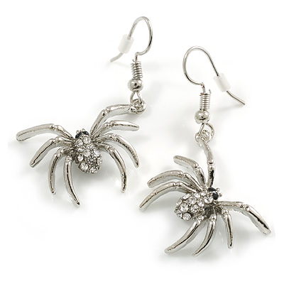 Crystal Spider Drop Earrings in Silver Tone - 45mm Long - main view