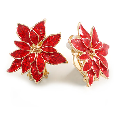 Christmas Red Enamel Poinsettia Holiday Stud Clip On Earrings In Gold Tone - 25mm Diameter