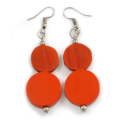 Double Bead Orange Wooden Drop Earrings - 60mm Long