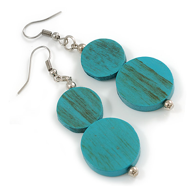 Double Bead Turquoise Coloured Wooden Drop Earrings - 60mm Long