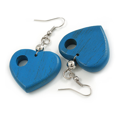 Blue Cut Out Heart Wooden Drop Earrings - 55mm Long - main view