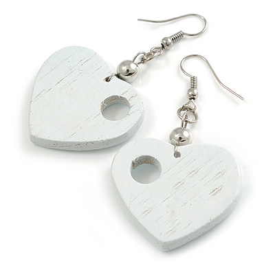 White Cut Out Heart Wooden Drop Earrings - 55mm Long