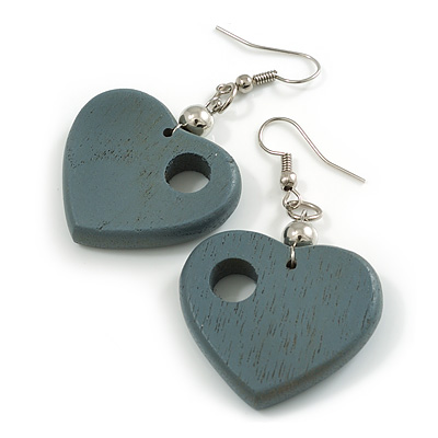 Grey Cut Out Heart Wooden Drop Earrings - 55mm Long