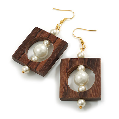 Stylish Square Wood Pearl Bead Drop Earrings - 70mm Long