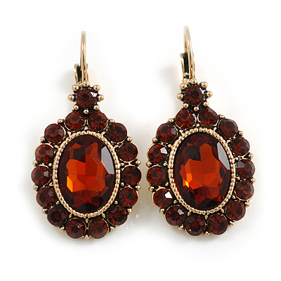 Oval Amber/Topaz Coloured Crystal Drop Earrings with Leverback Closure In Gold Tone - 40mm L