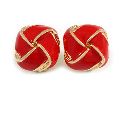 Red Enamel Square Knot Motif Clip On Earrings In Gold Tone - 18mm Across