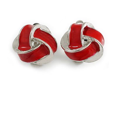 18mm D/ Red Enamel Knot Clip On Earrings in Silver Tone