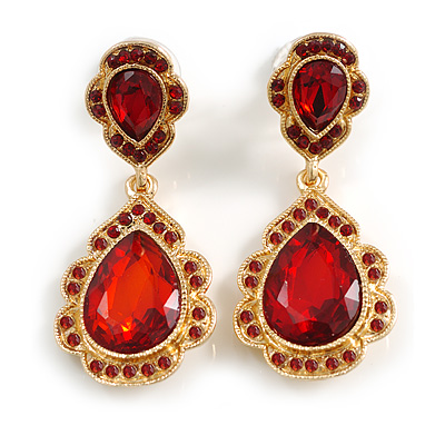 Statement Red Glass Crystal Bead Teardrop Earrings In Gold Tone - 50mm L - main view