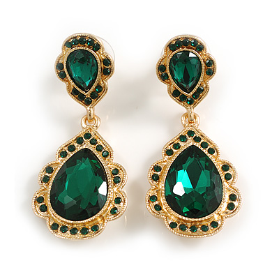 Statement Green Glass Crystal Bead Teardrop Earrings In Gold Tone - 50mm L