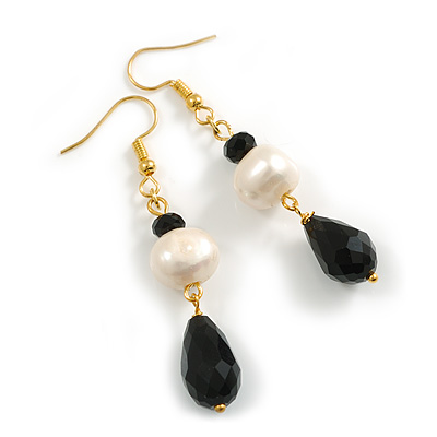 Black Glass Bead/ Freshwater Pearl Drop Earrings in Gold Tone - 60mm Long