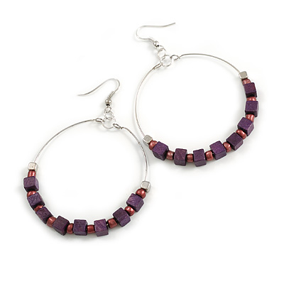 55mm D/Purple Wood and Glass Bead Hoop Earrings in Silver Tone - 75mm Tall