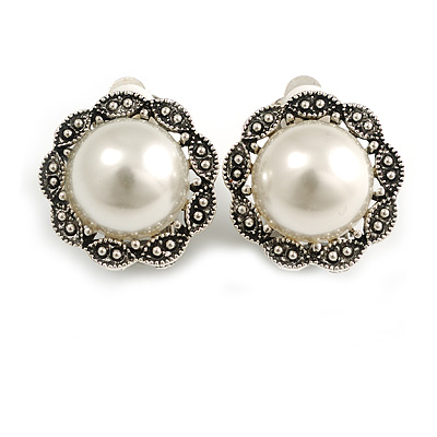 Faux Pearl Floral Clip On Earrings in Aged Silver Tone - 20mm D