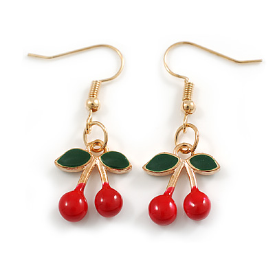 Red/Green Double Cherry Drop Earrings in Gold Tone - 40mm L