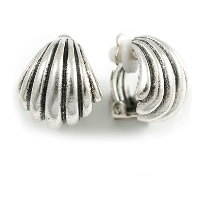 Vintage Inspired Shell Shaped Clip On Earrings in Silver Tone - 17mm Long