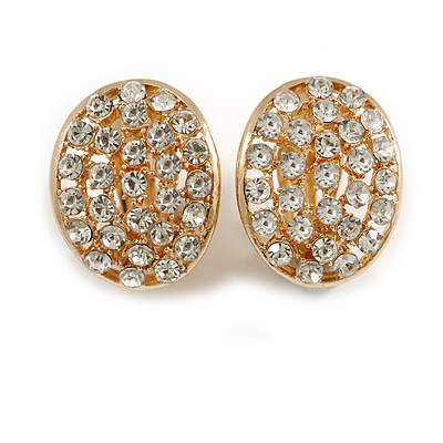 Clear Crystal Oval Concave Clip On Earrings in Gold Tone - 20mm Tall