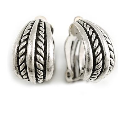 Vintage Inspired Textured C-Shape Clip On Earrings in Silver Tone - 20mm Tall