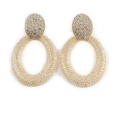 Oval Textured Clear Crystal Drop Earrings in Gold Tone - 50mm L