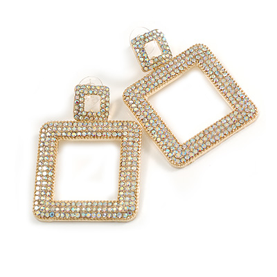 Large AB Crystal Square Drop Earrings in Gold Tone - 55mm L