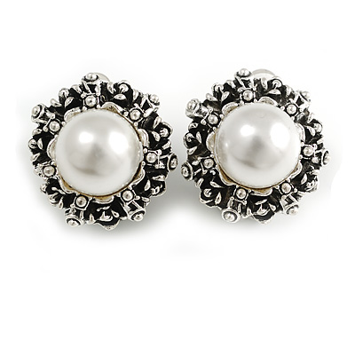 Vintage Inspired Dome Shape Faux Pearl Clip On Earrings in Aged Silver Tone - 20mm D
