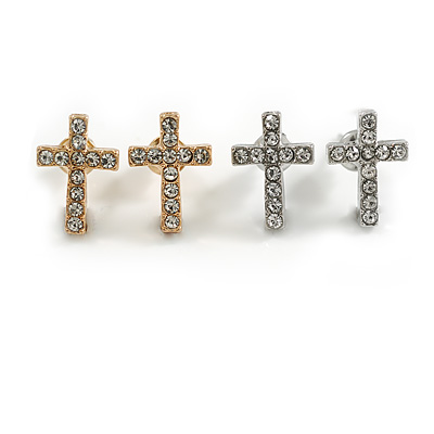 2 Pairs of Gold/ Silver Tone Crystal Cross Stud Earrings - 12mm Tall