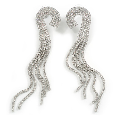 Breathtaking Hook Shape Crystal Tassel Dangle Earrings in Silver Tone - 12cm Long