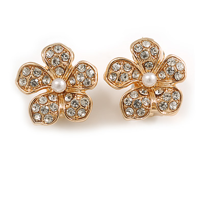 Clear Crystal Daisy Flower Clip On Earrings in Gold Tone - 18mm Diameter