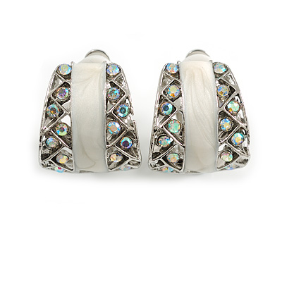 C Shape AB Crystal White Enamel Clip On Earrings in Silver Tone - 20mm Tall
