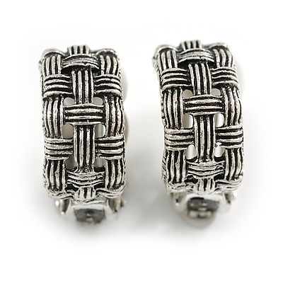 Aged Silver C-Shape with Pattern Clip On Earrings - 20mm Tall