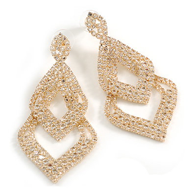 Crystal Double Diamond Drop Earrings in Gold Tone - 65mm L