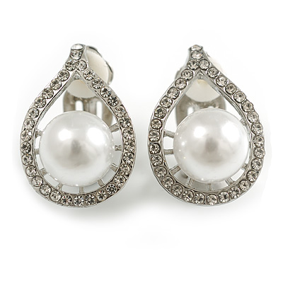 Clear Crystal White Faux Pearl Teardrop Clip On Earrings in Silver Tone - 22mm Tall - main view