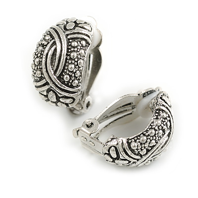 C Shape Textured Clip On Earrings in Aged Silver Tone - 20mm Tall