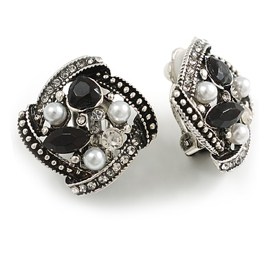 Marcasite Square Black/Clear Crystal White Faux Peal Clip On Earrings In Antique Silver Tone - 20mm Tall